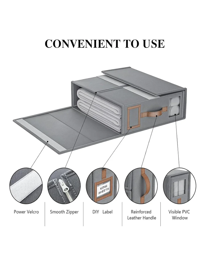 1Chase Bed Sheet Organizers And Storage - 2-Pack Foldable Linen Closet Organizer With Clear Window, Sheets Set Folder Keeper, Bedding Storage Box For Bed Sheets And Pillows, Cube Organizer. (GREY)