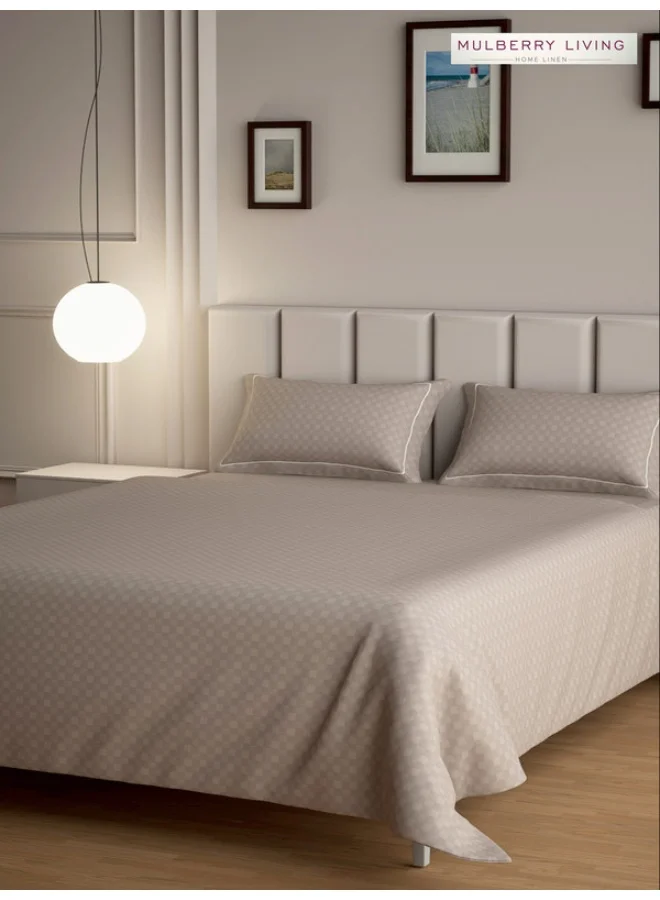 MULBERRY LIVING 100% Cotton - 300Tc Urban Grid Queen Size (250X260 Cms) Flat Bedsheet With 2 Pillow Covers (50X75 Cm) - Mocha