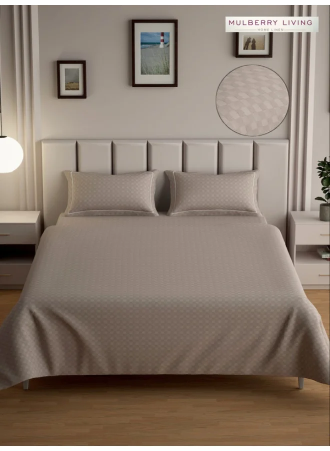 MULBERRY LIVING 100% Cotton - 300Tc Urban Grid Queen Size (250X260 Cms) Flat Bedsheet With 2 Pillow Covers (50X75 Cm) - Mocha