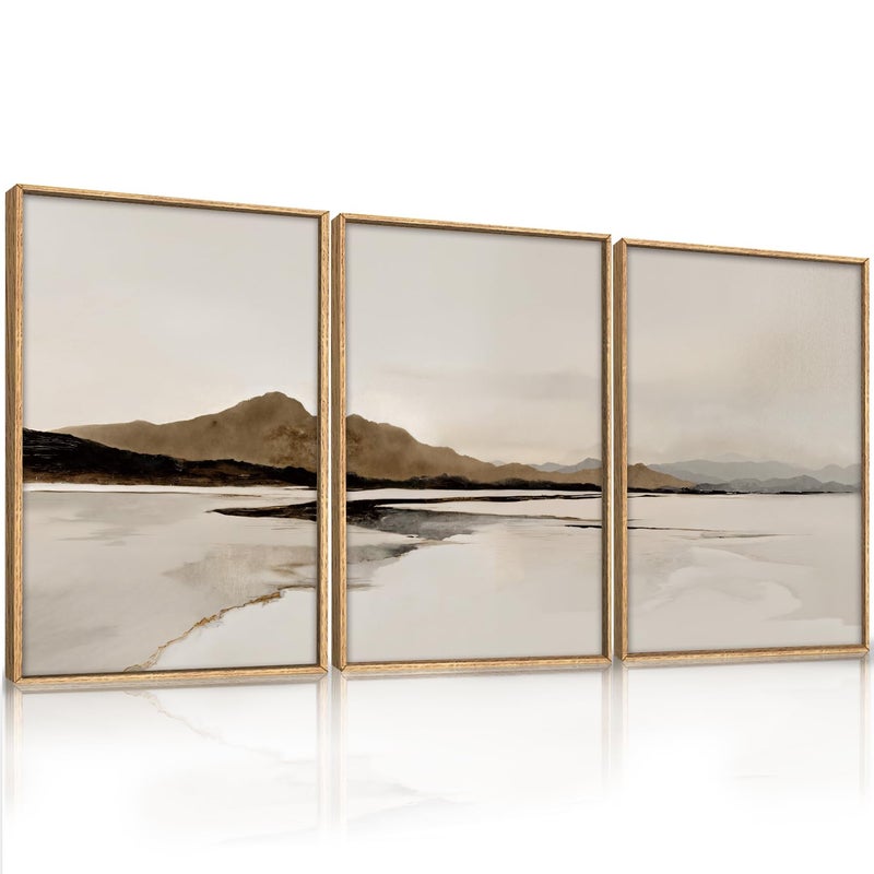 Ausril Beige and Brown Foggy Framed Canvas Wall Art Set, Modern Misty Landscape Wall Decor, Abstract Mountain Lake Wall Painting, Minimalist Nature Art Prints for Living Room, Bedroom - 24"X36"X3 - Image 1