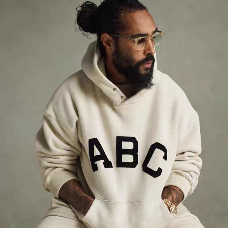 ESSENTIALS double line FOG flocking letter ABC hooded sweater oversize niche high street tide ins Black - Image 3