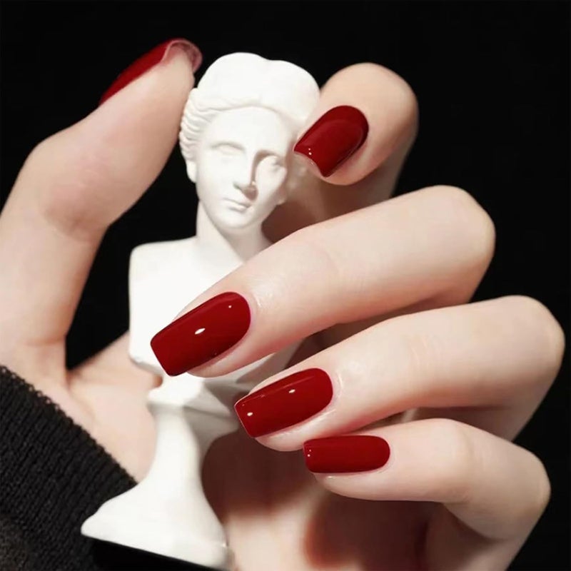 24pcs Medium Square False Burgundy Stick on Nails Press on Removable Glueon Fake Acrylic Full Cover Nails for Women Girls Nail Art