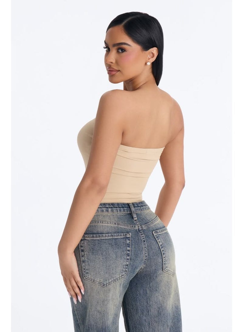 Women's Beige  Strapless Tube Top – Soft Stretch Fabric – Off-Shoulder Design - Image 1