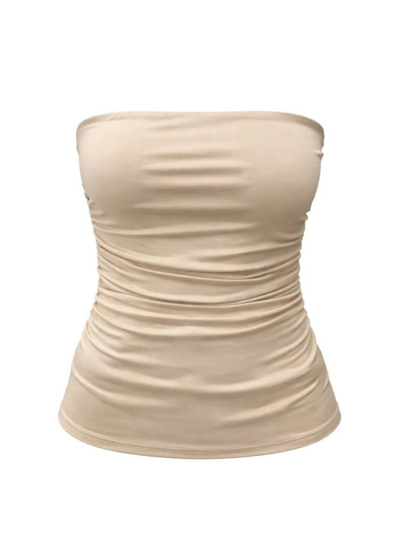 Women's Beige  Strapless Tube Top – Soft Stretch Fabric – Off-Shoulder Design - Image 2