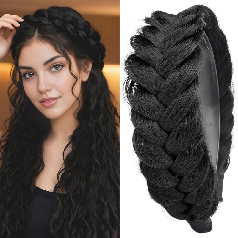 DIGUAN Wide Messy Braided Headband With Teeth Synthetic Hair Plaited Headband High Elasticity Braids Chunky Fishtail Braided Hair Band Hairpiece for Girls Women (Natural Black) - Image 1