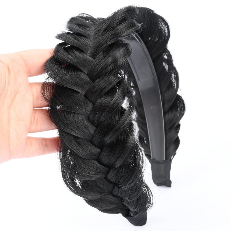 DIGUAN Wide Messy Braided Headband With Teeth Synthetic Hair Plaited Headband High Elasticity Braids Chunky Fishtail Braided Hair Band Hairpiece for Girls Women (Natural Black) - Image 2