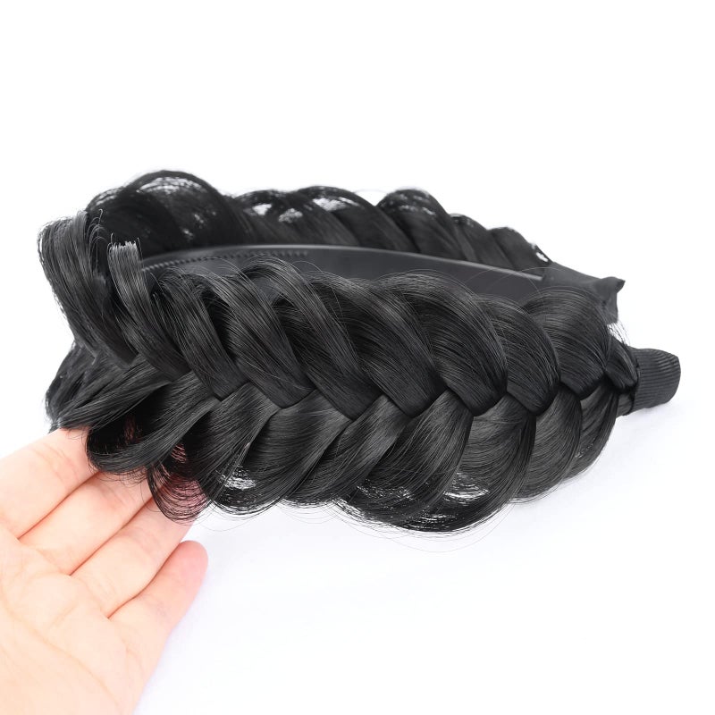 DIGUAN Wide Messy Braided Headband With Teeth Synthetic Hair Plaited Headband High Elasticity Braids Chunky Fishtail Braided Hair Band Hairpiece for Girls Women (Natural Black) - Image 5