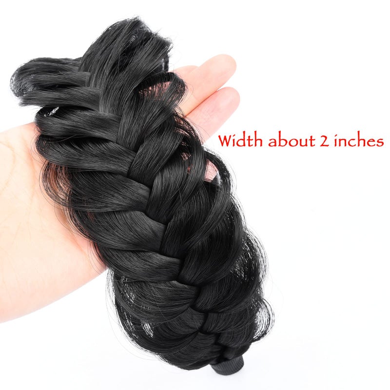 DIGUAN Wide Messy Braided Headband With Teeth Synthetic Hair Plaited Headband High Elasticity Braids Chunky Fishtail Braided Hair Band Hairpiece for Girls Women (Natural Black) - Image 3