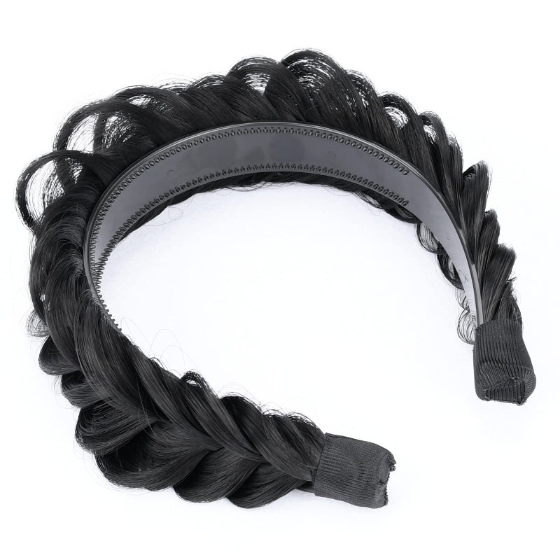 DIGUAN Wide Messy Braided Headband With Teeth Synthetic Hair Plaited Headband High Elasticity Braids Chunky Fishtail Braided Hair Band Hairpiece for Girls Women (Natural Black) - Image 4