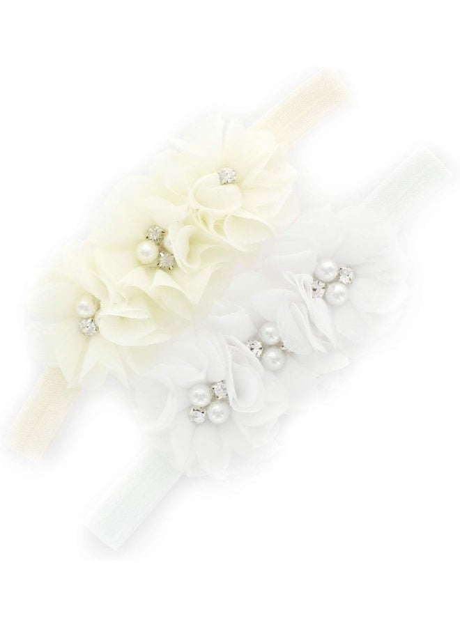 My Lello Girls Flower Head Bands Headbands Toddler Fabric Beaded Trio Stretchy Elastic Pair (IvoryWhite) - Image 1