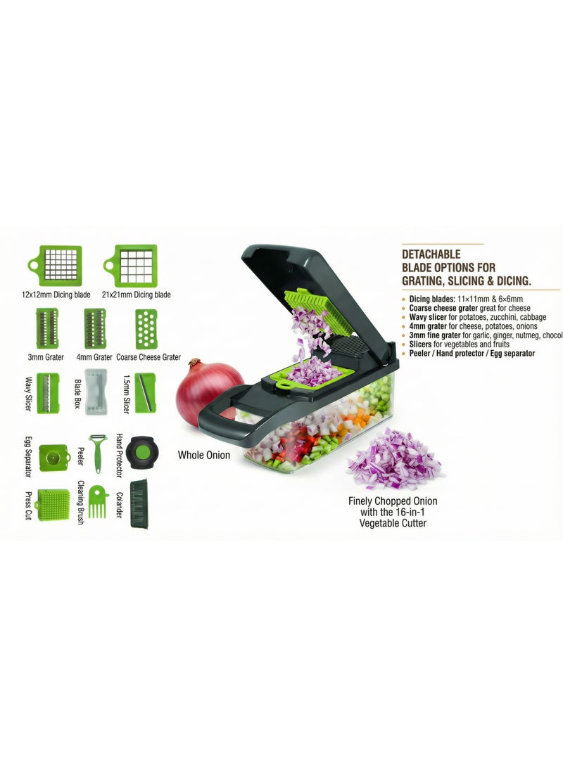 قطاعة خضروات وفواكه يدوية 16 في 1 متعددة الاستخدامات - مبشرة وتقطيع بصل مع حاوية لتخزين الطعام ومصفاة - أداة مطبخ أساسية للسلطة والطهي - Image 4
