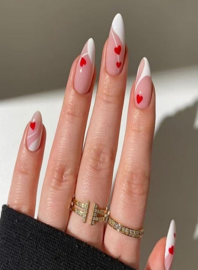 ROKHEVN Valentine's Day Press on Nails Medium Almond Fake Nails with Design Love Heart Stick on Nails French Tip Nails Press Ons Artificial Acrylic Glue On Nails for Women Manicure 24Pcs - Image 1