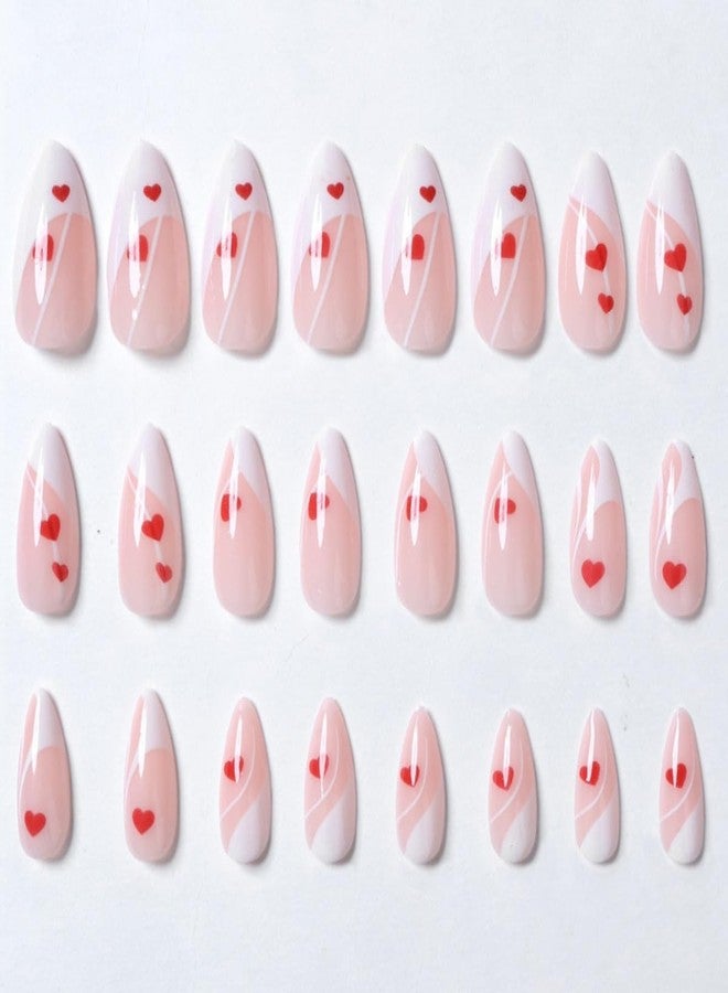 ROKHEVN Valentine's Day Press on Nails Medium Almond Fake Nails with Design Love Heart Stick on Nails French Tip Nails Press Ons Artificial Acrylic Glue On Nails for Women Manicure 24Pcs - Image 2