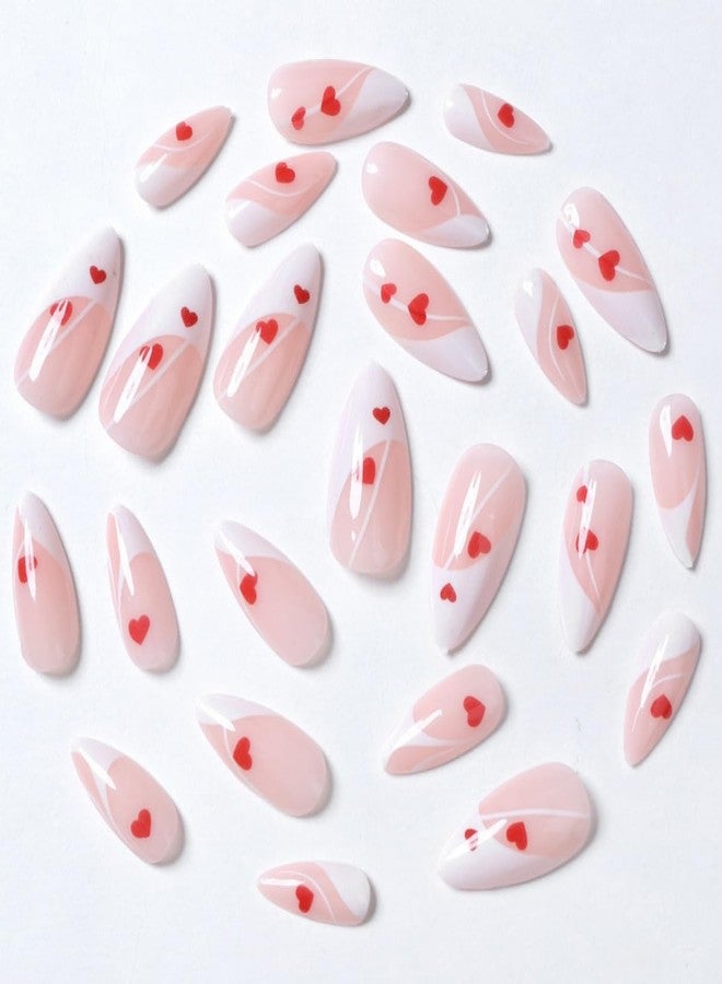 ROKHEVN Valentine's Day Press on Nails Medium Almond Fake Nails with Design Love Heart Stick on Nails French Tip Nails Press Ons Artificial Acrylic Glue On Nails for Women Manicure 24Pcs - Image 3