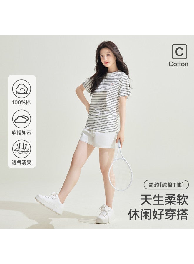 Red Bean Versatile Striped Short Sleeve T-Shirt For Women - Comfortable & Breathable Pure Cotton Round Neck Casual Tee For Layering Or Outerwear - Image 2