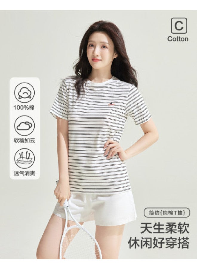 Red Bean Versatile Striped Short Sleeve T-Shirt For Women - Comfortable & Breathable Pure Cotton Round Neck Casual Tee For Layering Or Outerwear - Image 1