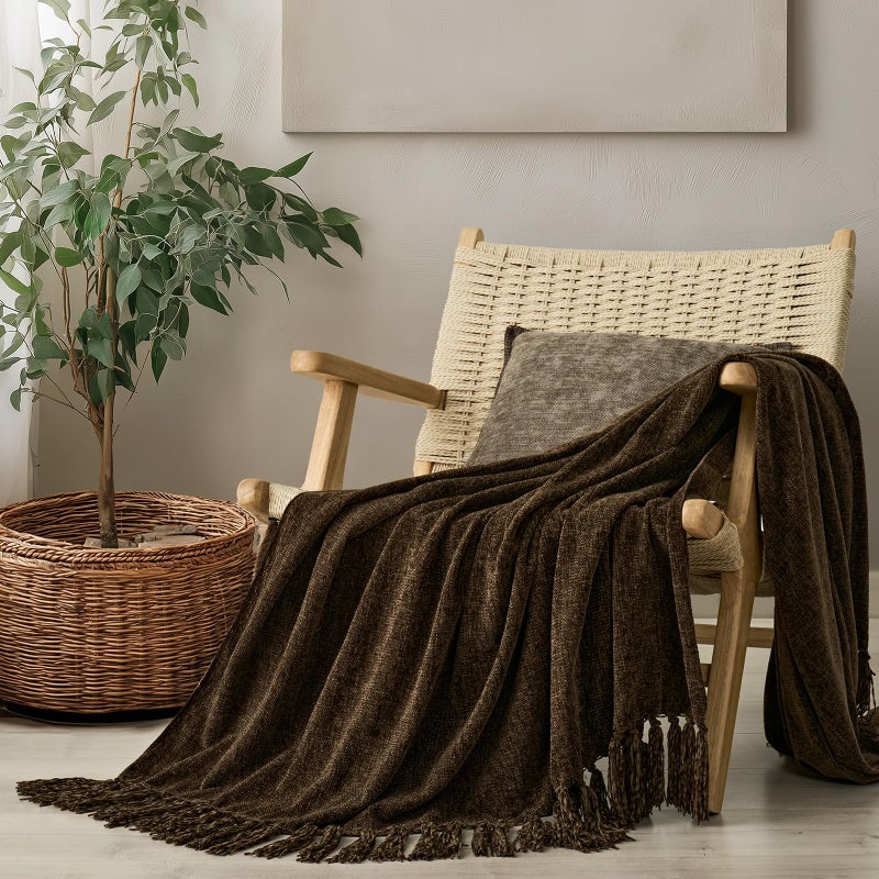 EverGrace Soft Chenille Throw Blanket for Couch, Cozy Plush Fuzzy Decorative Chenille Knit Throw Blanket with Tassels, Lightweight Blanket and Throws for Bed Sofa Gift Home Decor, Dark Brown 50"x60" - Image 1
