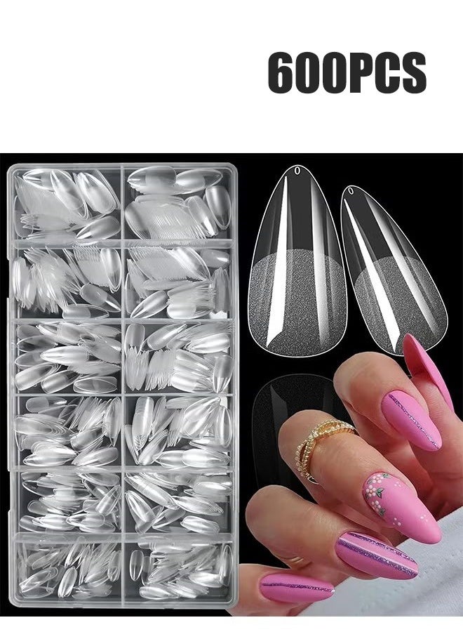 YJ 600pcs Almond Fake Gel Nail Tips Almond Press on Nails Medium French Design Clear Full Cover Artificial Almond False Nails Transparent Semi Frosted Nail Plate for Home DIY Nail Salon Nail Extension - Image 1