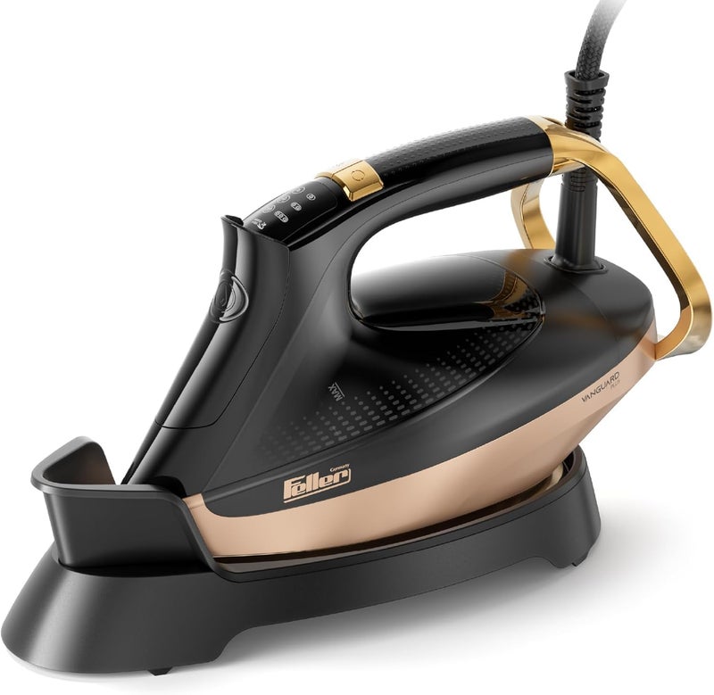 Feller Germany Vanguard Plus Steam Iron 3000W,Grab-to-Steam Technology,Prime Gold Ceramic 2x Sole Plate+Anti Calc,Anti Drip,Auto Shut Off,Display,Turbo Steam, SI300,2Y Guarantee-KSA Version (Gold) - Image 1