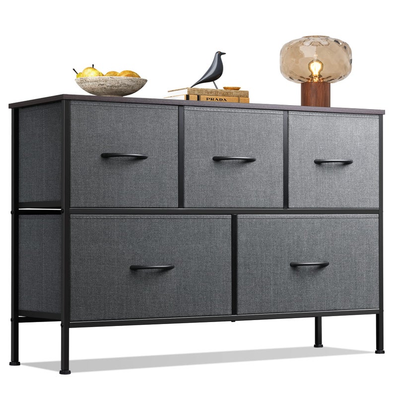 WLIVE Dresser for Bedroom with 5 Drawers, Long Storage Tower Organizer Unit, Fabric Dresser, Storage Drawer Unit with Fabric Bins for Closet, Hallway, Dark Grey, Size L - Image 1