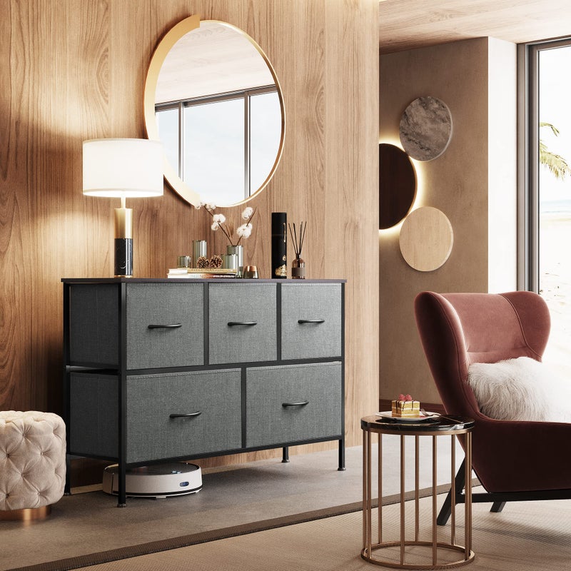 WLIVE Dresser for Bedroom with 5 Drawers, Long Storage Tower Organizer Unit, Fabric Dresser, Storage Drawer Unit with Fabric Bins for Closet, Hallway, Dark Grey, Size L - Image 3