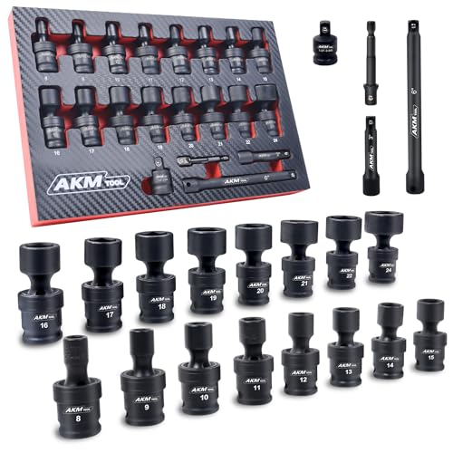 AKM TOOL 3/8" Drive Universal Impact Socket Set, 20 Piece Swivel Socket Set, Universal Joint Socket 6-Point, Metric, 8-22mm, Cr-Mo,with Extension Bars, Socket Adapter, Drill Bit Adapter - Image 1