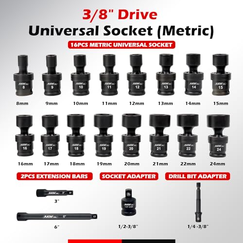 AKM TOOL 3/8" Drive Universal Impact Socket Set, 20 Piece Swivel Socket Set, Universal Joint Socket 6-Point, Metric, 8-22mm, Cr-Mo,with Extension Bars, Socket Adapter, Drill Bit Adapter - Image 2