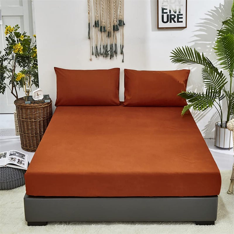 KAREVER Solid Rust Bed Sheet Set Burnt Orange 4 Pieces Bedding Sheet Set 1 Fitted Sheet 1 Flat Sheet with 2 Pillowcases Queen Size Women Men Bed Caramel Sheet Sets