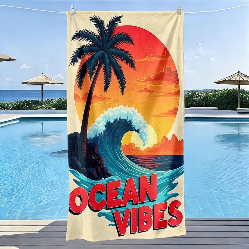 1 Piece Bohemian Style Beach Towel 80x160 Cm Vintage Sunset Palm Tree Waves Ultra Soft Highly Absorbent Quick Drying Microfiber Lightweight Portable Windproof Sandproof Essential For Pool Beach - Image 1