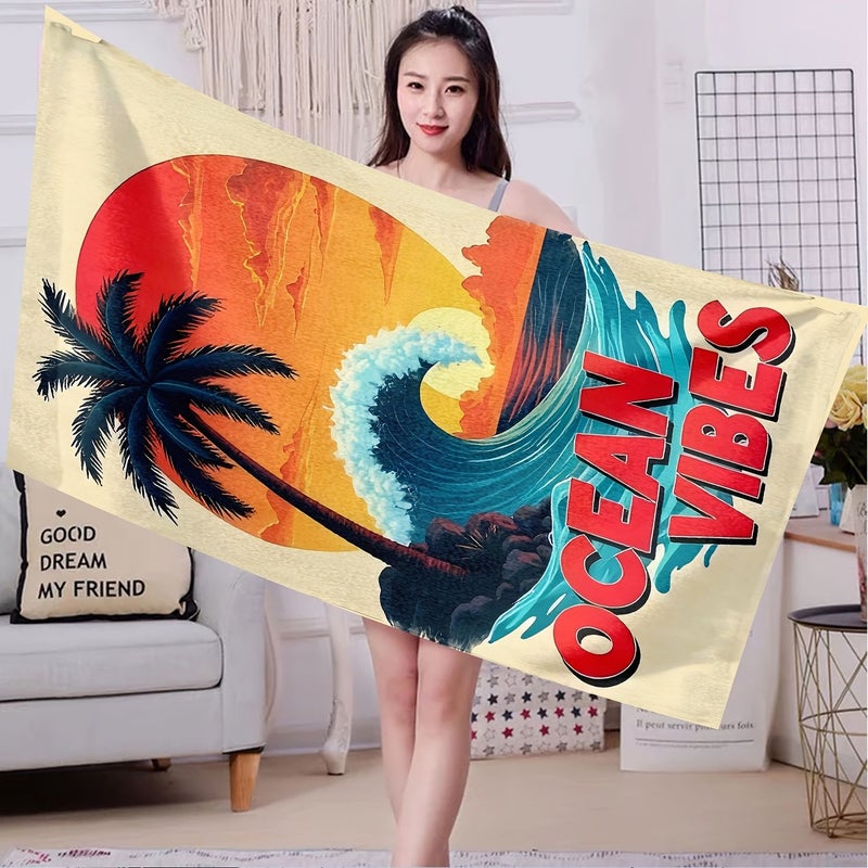1 Piece Bohemian Style Beach Towel 80x160 Cm Vintage Sunset Palm Tree Waves Ultra Soft Highly Absorbent Quick Drying Microfiber Lightweight Portable Windproof Sandproof Essential For Pool Beach - Image 2