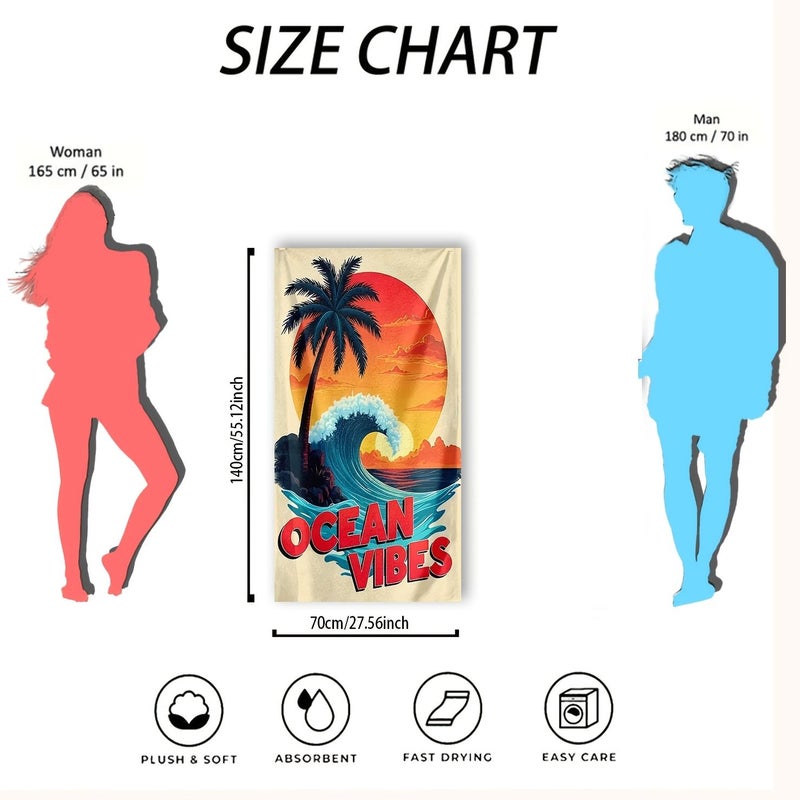 1 Piece Bohemian Style Beach Towel 80x160 Cm Vintage Sunset Palm Tree Waves Ultra Soft Highly Absorbent Quick Drying Microfiber Lightweight Portable Windproof Sandproof Essential For Pool Beach - Image 3