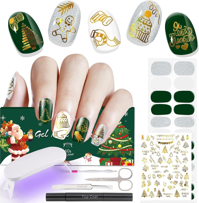 EBANKU EBANKU Christmas Semi Cured Gel Nail Strips with UV Light, Christmas Gingerbread Man Tree 3D Nail Art Decals, 24PCS UV Gel Nail Stickers Set with Top Coat, Nail Tools for DIY Decoration