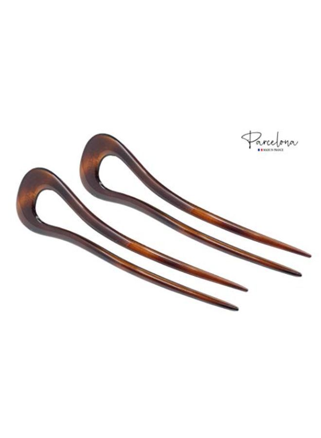Parcelona French Classic Curve Tortoise Shell Brown Large 5 1/4? Celluloid Set Of 2 Chignon Hair Bun Pins For Girls And Women - Image 1