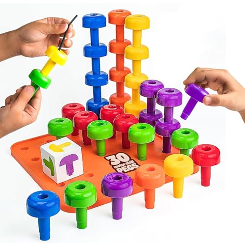 Skoolzy Peg Board Set Montessori Toys for 2 Year Old 33 Pc Plastic Peg Board for Kids Occupational Therapy Toys with Pegs Dice Lacing String Storage Bag - Image 1