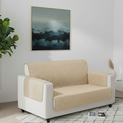 Yellow Weaves 2 Seater Box Design Quilted Velvet Sofa Cover Protector, 1 Piece, Beige - Image 3