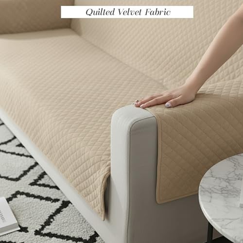 Yellow Weaves 2 Seater Box Design Quilted Velvet Sofa Cover Protector, 1 Piece, Beige - Image 2