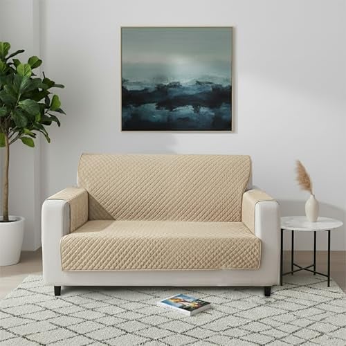 Yellow Weaves 2 Seater Box Design Quilted Velvet Sofa Cover Protector, 1 Piece, Beige - Image 1