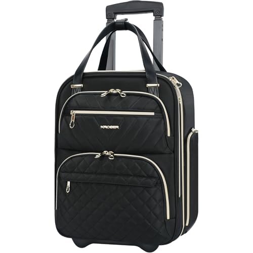KROSER Carry On Underseat Multi-functional, 16-inch Underseater Lightweight Overnight Suitcase for Men Women, Black/Gold - Image 1