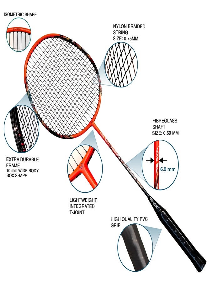 Vinex VTEC 450 Badminton Racket | Lightweight 93g ±5g | Durable Aluminium Head & Fibreglass Shaft | Isometric Frame | Ideal for Beginners & Professional Training | Set of 1 | Without Carry Bag - Image 2
