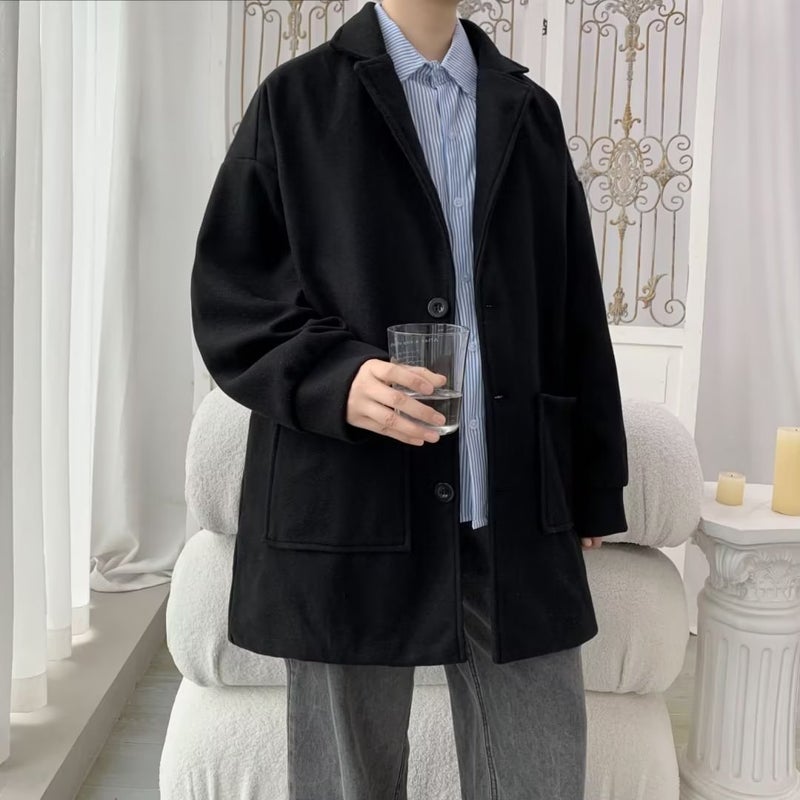 2024 Mens Mid-Length Trench Coat Autumn Winter Woolen Stylish Korean Fashion Black 