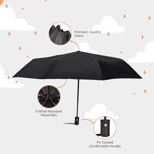 PRANIJ One-Click Auto Open/Close 3-Fold Travel Umbrella For Women, Men, & Kids, Sun & UV Protection Compact Lightweight Windproof Umbrella for Rain (Charcoal Black) - Image 2