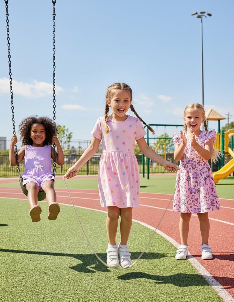 PATPAT Girlâ€™s Dino Print 3-Pack Dresses & Romper, Ruffle Sleeve Skater Dress Set for School, Play & Summer Activities 5â€“6Y - Image 5