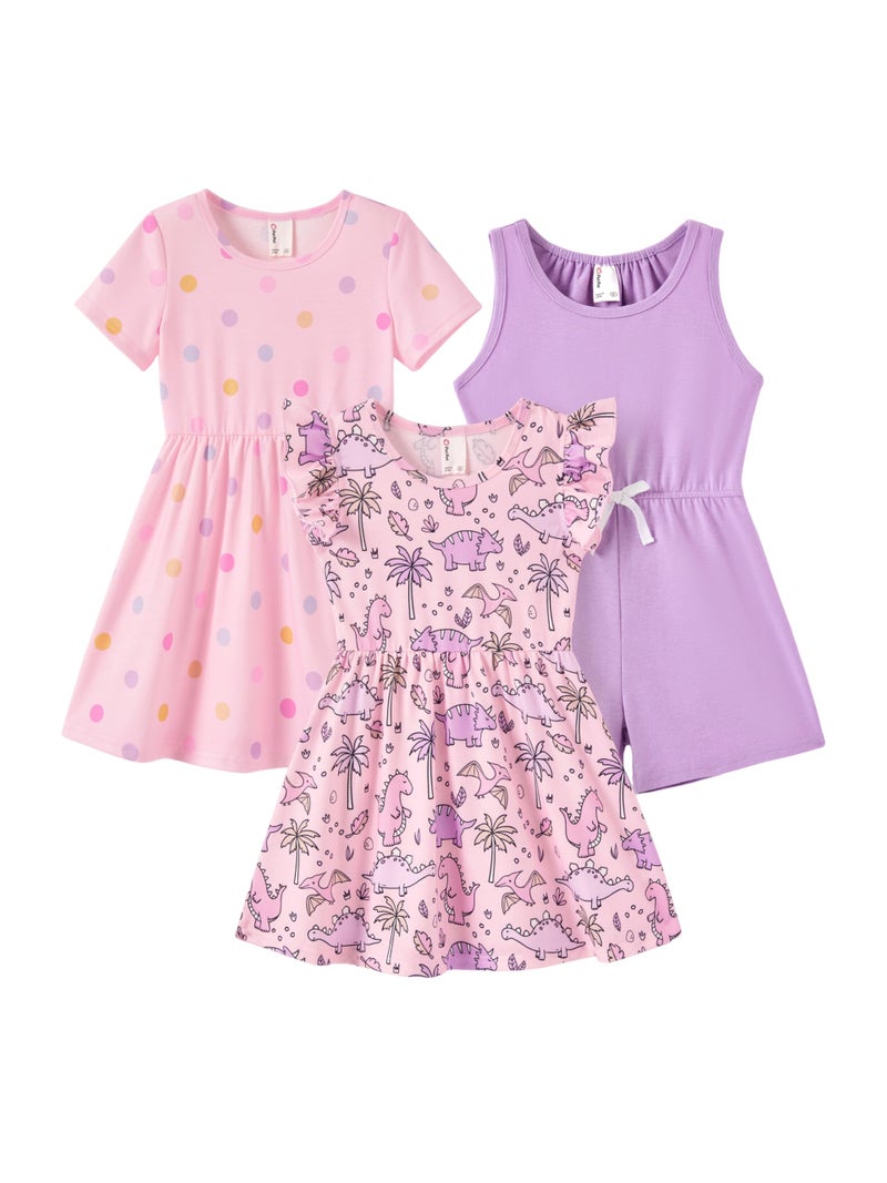 PATPAT Girlâ€™s Dino Print 3-Pack Dresses & Romper, Ruffle Sleeve Skater Dress Set for School, Play & Summer Activities 5â€“6Y - Image 1