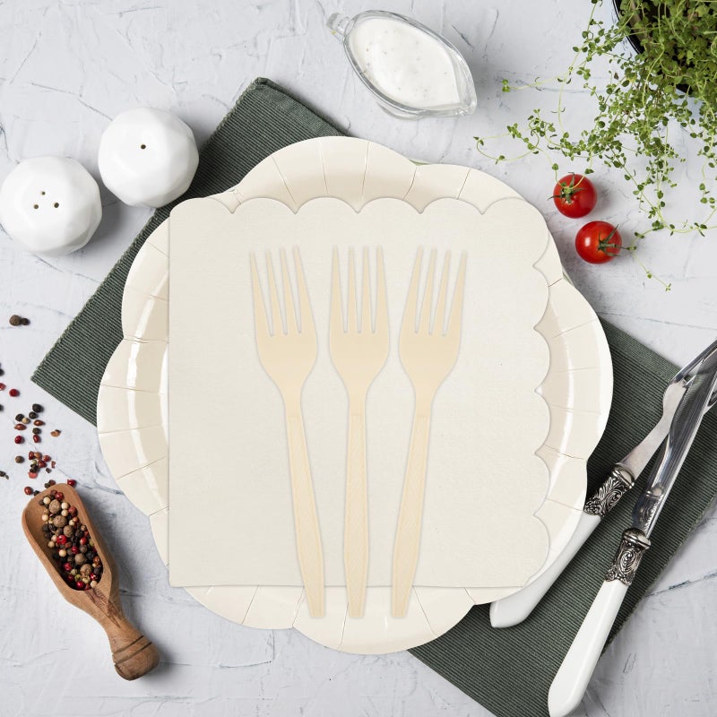 KFJBPB 75 PCS Ivory Paper Plates and Napkins Party Supplies, Cream Scalloped Plates Napkins Forks Disposable Tableware Set for Bridal Baby Shower Wedding Birthday Party Decorations (Ivory) - Image 5