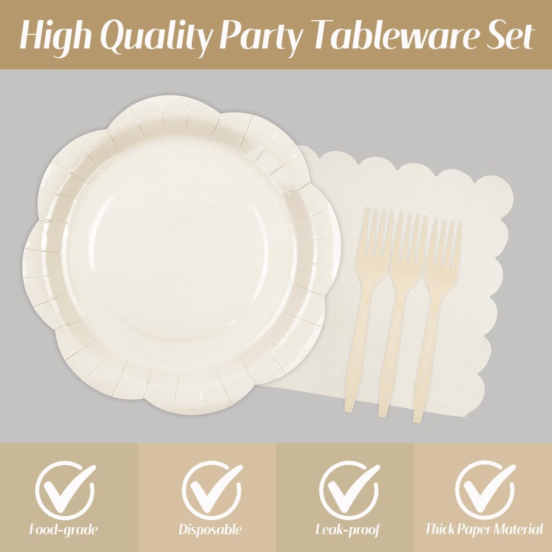 KFJBPB 75 PCS Ivory Paper Plates and Napkins Party Supplies, Cream Scalloped Plates Napkins Forks Disposable Tableware Set for Bridal Baby Shower Wedding Birthday Party Decorations (Ivory) - Image 3