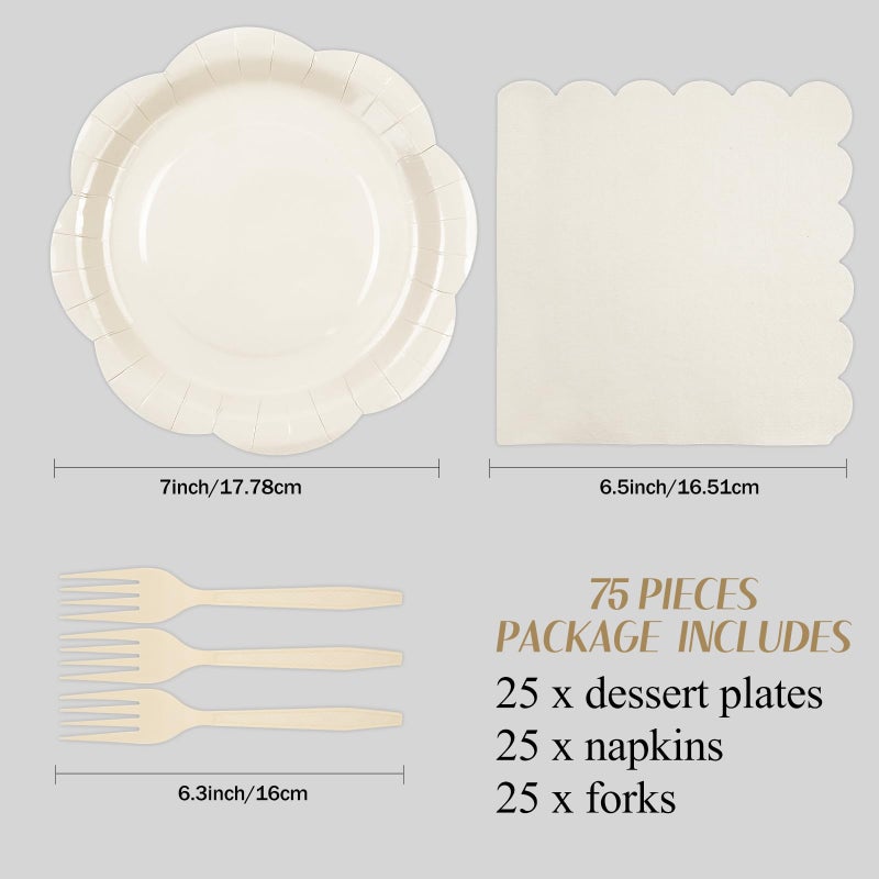 KFJBPB 75 PCS Ivory Paper Plates and Napkins Party Supplies, Cream Scalloped Plates Napkins Forks Disposable Tableware Set for Bridal Baby Shower Wedding Birthday Party Decorations (Ivory) - Image 2