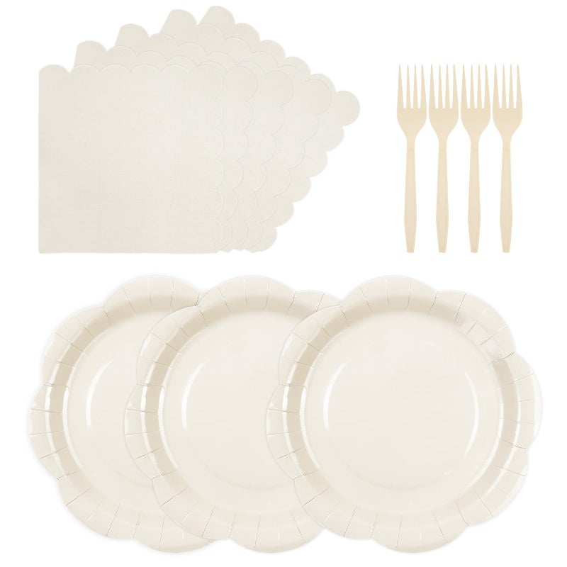 KFJBPB 75 PCS Ivory Paper Plates and Napkins Party Supplies, Cream Scalloped Plates Napkins Forks Disposable Tableware Set for Bridal Baby Shower Wedding Birthday Party Decorations (Ivory) - Image 1