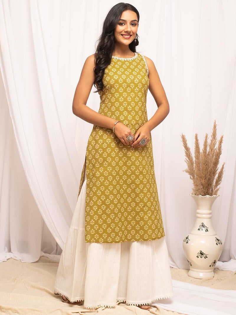 FIORRA Women's Floral Printed Yellow Cotton Straight Kurta FAR0109 - Image 3