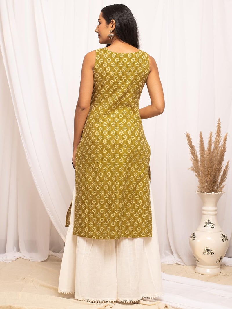 FIORRA Women's Floral Printed Yellow Cotton Straight Kurta FAR0109 - Image 2