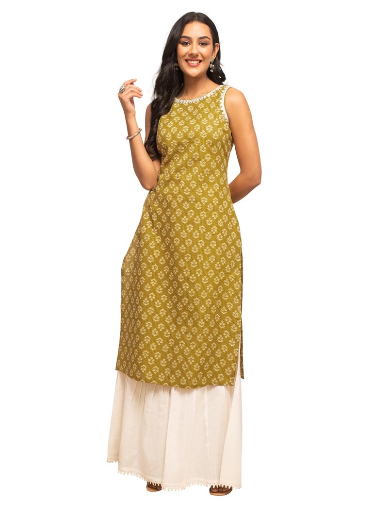 FIORRA Women's Floral Printed Yellow Cotton Straight Kurta FAR0109 - Image 1